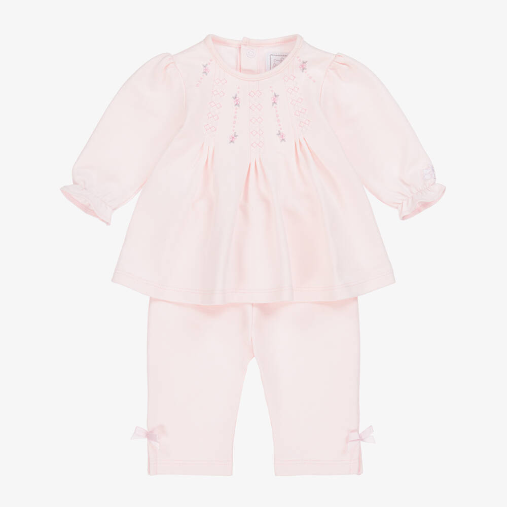 Emile et Rose-Baby Girls Pink Cotton Trouser Set with Floral Embroidery | Childrensalon Outlet