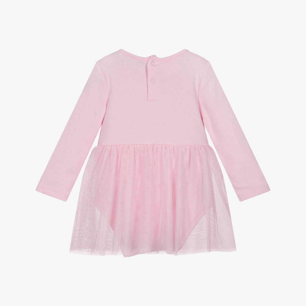 Guess-Baby Girls Pink Cotton & Tulle Dress with Iridescent Logo | Childrensalon Outlet