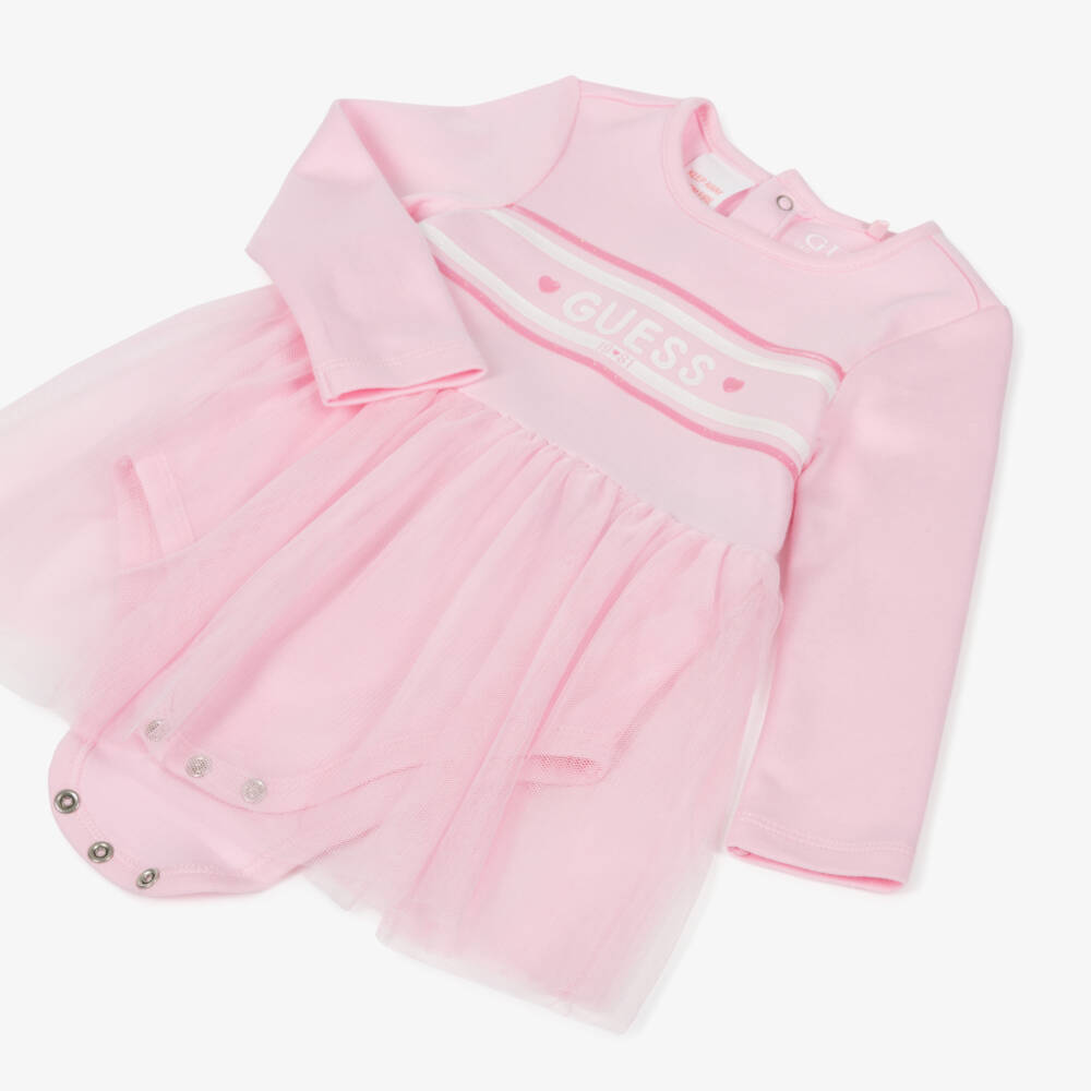 Guess-Baby Girls Pink Cotton & Tulle Dress with Iridescent Logo | Childrensalon Outlet