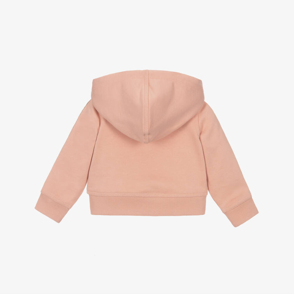 Burberry-Baby Girls Pink Cotton Zip-Up Hoodie with Check Trim & EKD Logo | Childrensalon Outlet