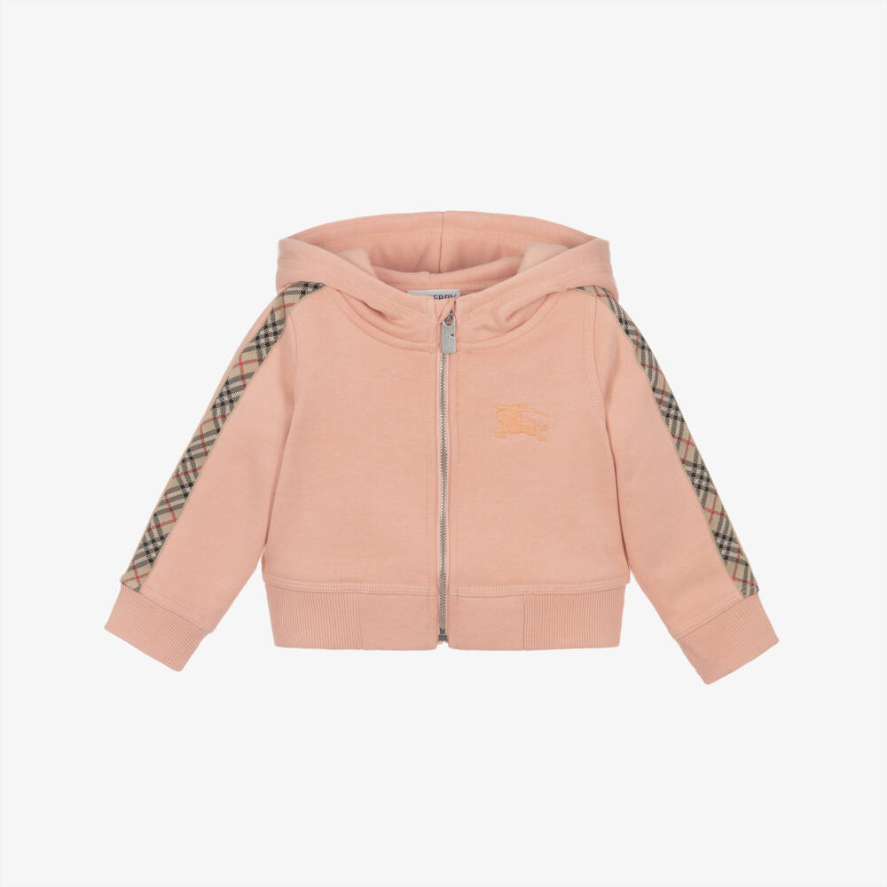 Burberry-Baby Girls Pink Cotton Zip-Up Hoodie with Check Trim & EKD Logo | Childrensalon Outlet
