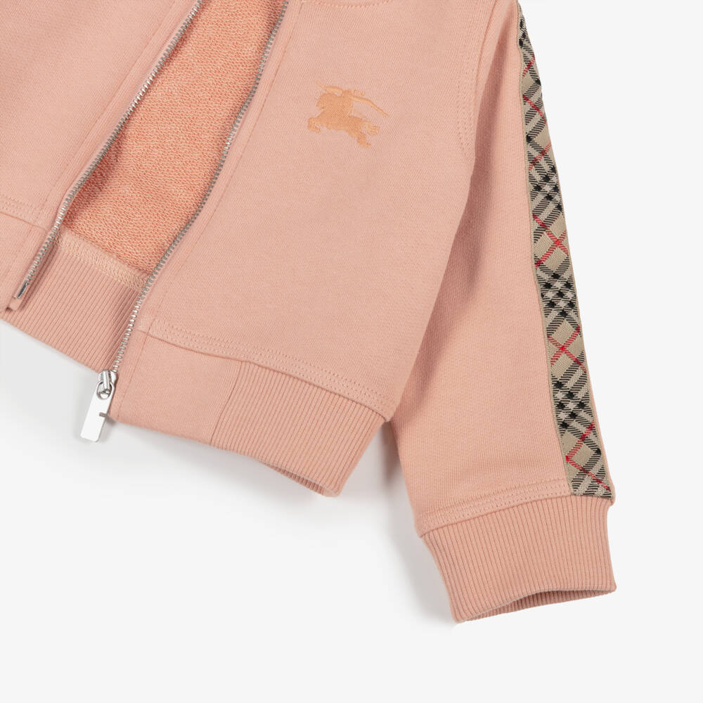 Burberry-Baby Girls Pink Cotton Zip-Up Hoodie with Check Trim & EKD Logo | Childrensalon Outlet