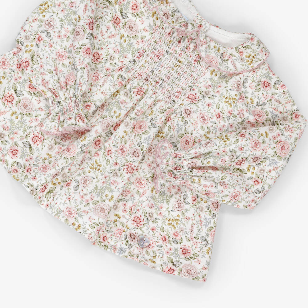 Artesanía Granlei-Baby Girls Pink Floral Blouse & Knitted Shorts Set | Childrensalon Outlet
