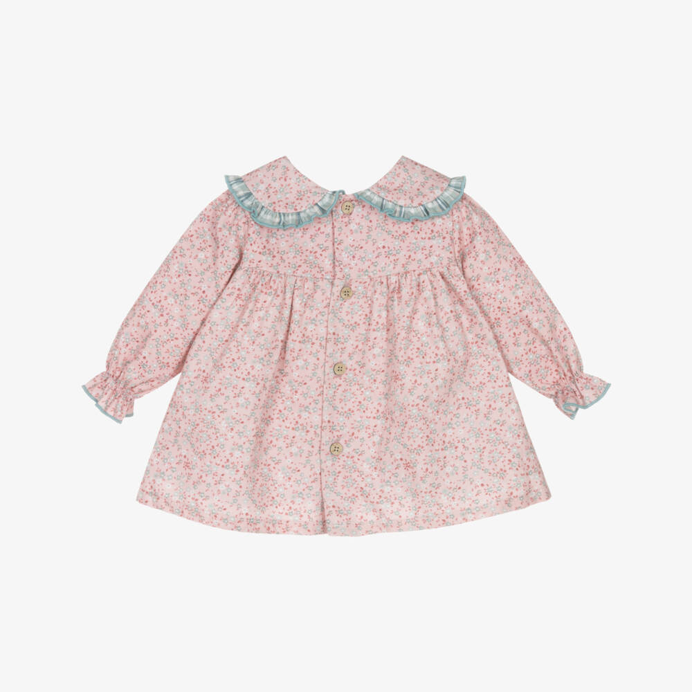 Babidu-Baby Girls Pink Floral Cotton Dress with Smocking | Childrensalon Outlet