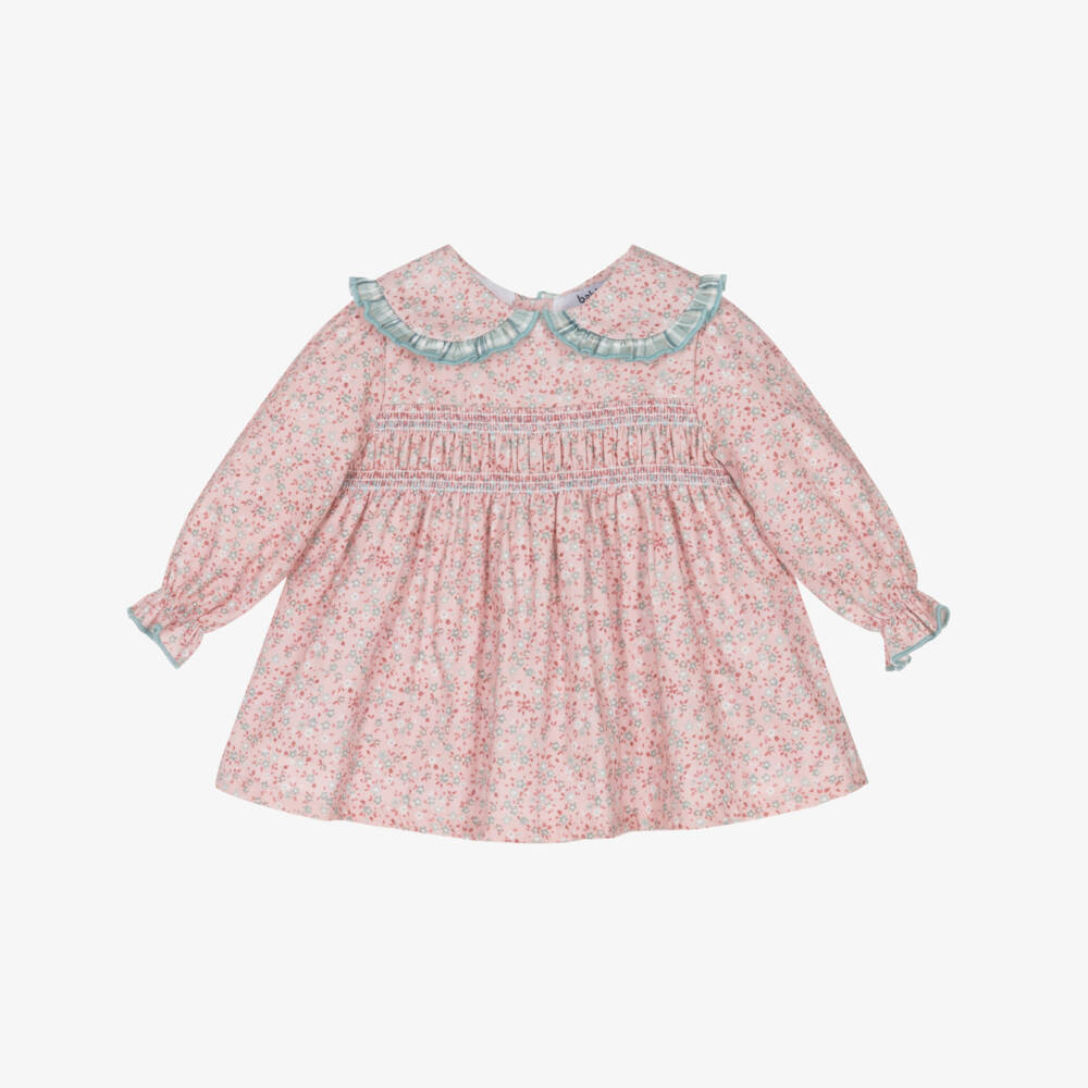 Babidu-Baby Girls Pink Floral Cotton Dress with Smocking | Childrensalon Outlet