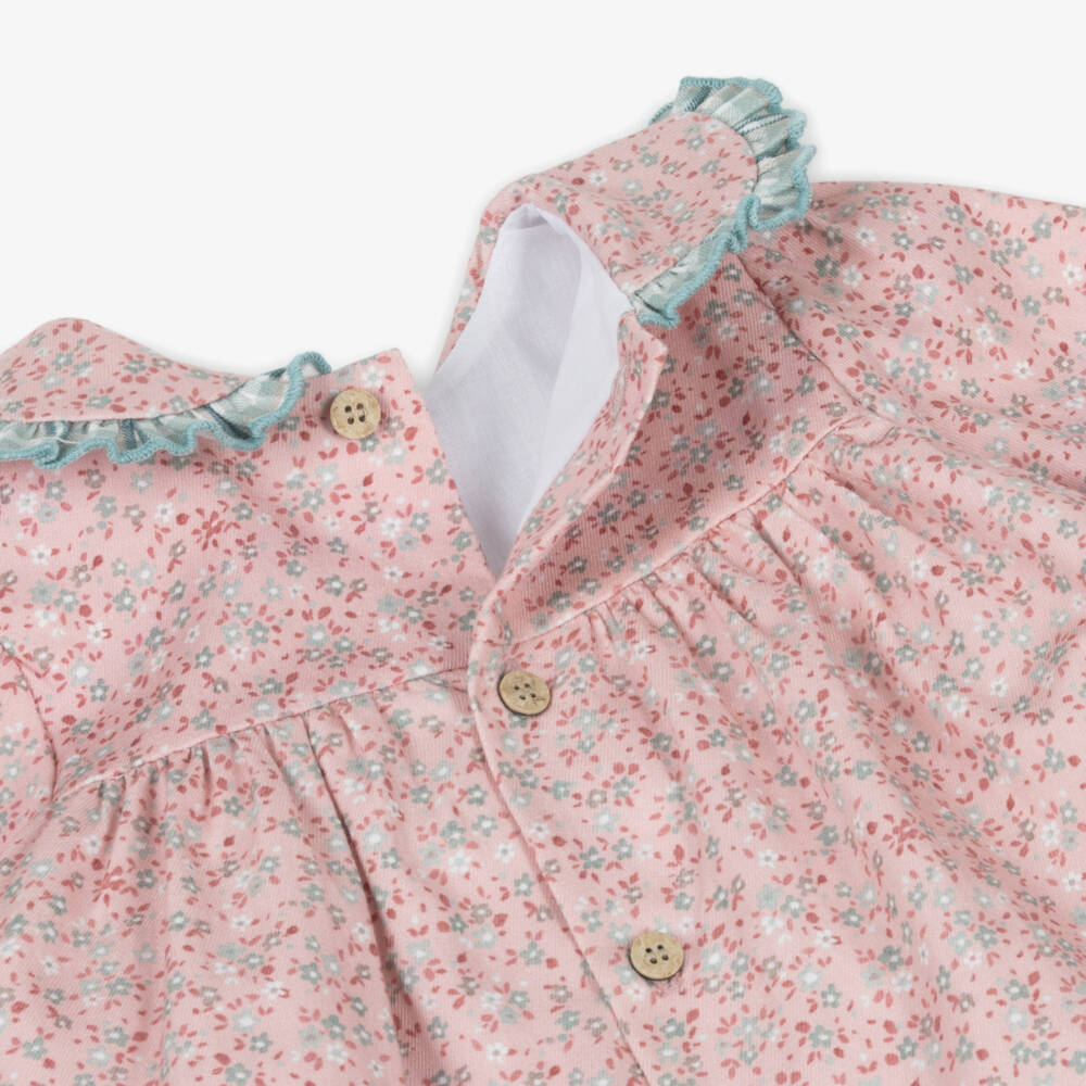 Babidu-Baby Girls Pink Floral Cotton Dress with Smocking | Childrensalon Outlet