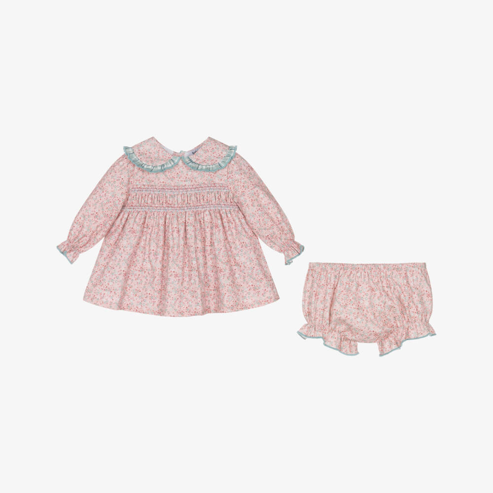 Babidu-Baby Girls Pink Floral Cotton Dress with Smocking | Childrensalon Outlet