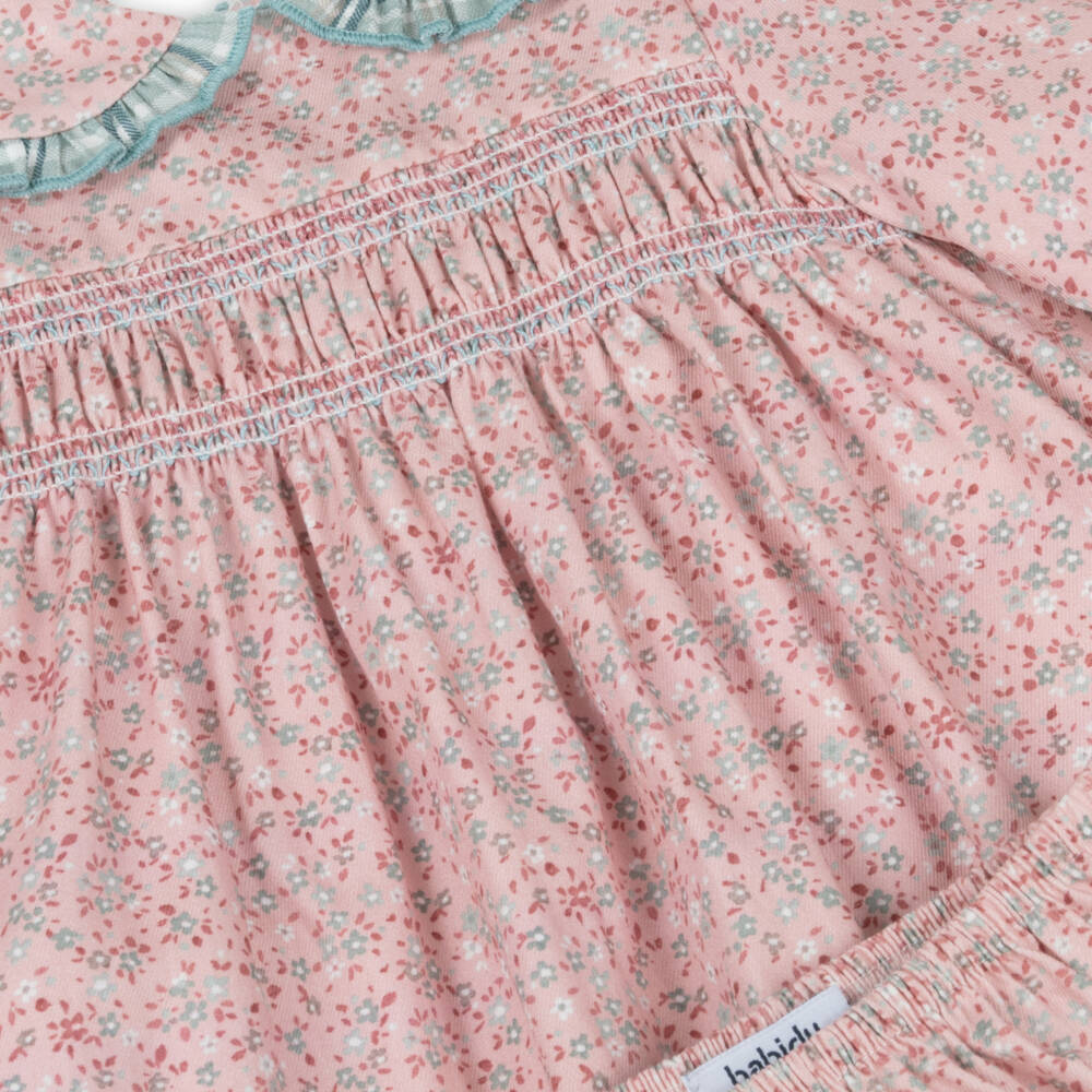 Babidu-Baby Girls Pink Floral Cotton Dress with Smocking | Childrensalon Outlet