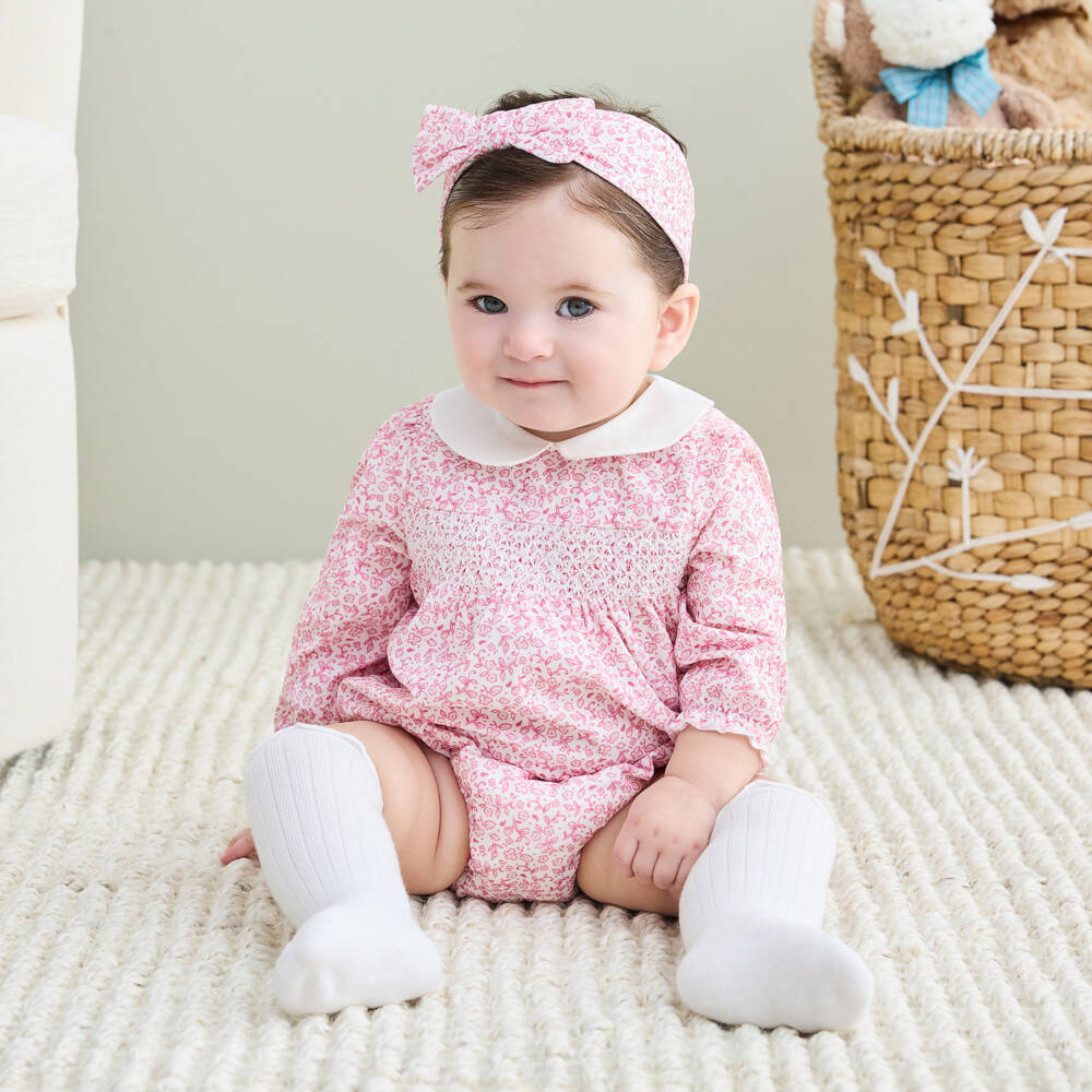 Little Me-Baby Girls Pink Floral Needlecord Shortie Set with Smocking | Childrensalon Outlet