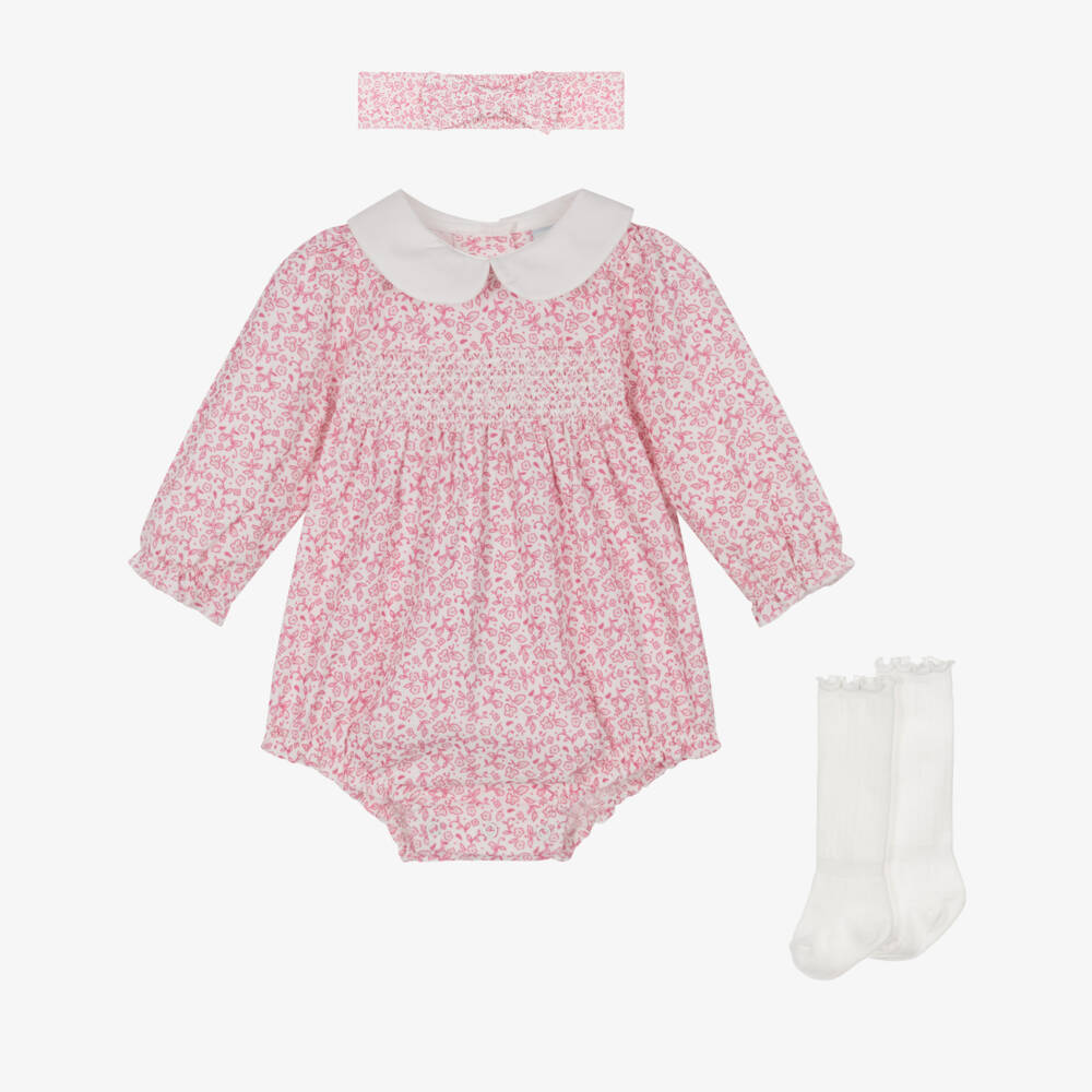 Little Me-Baby Girls Pink Floral Needlecord Shortie Set with Smocking | Childrensalon Outlet