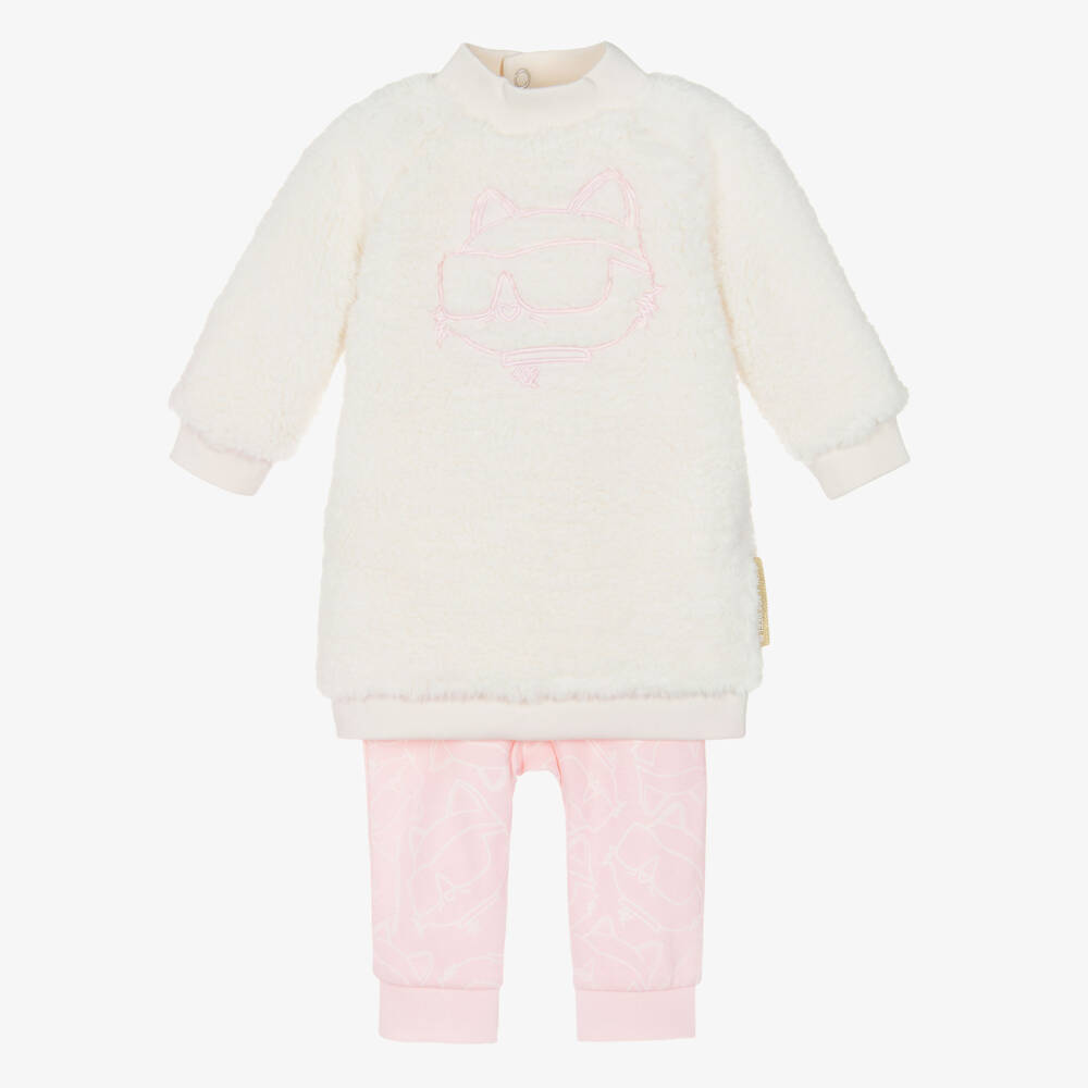 KARL LAGERFELD KIDS-طقم تونيك عاجي للبنات مع ليغينغ وردي | Childrensalon Outlet