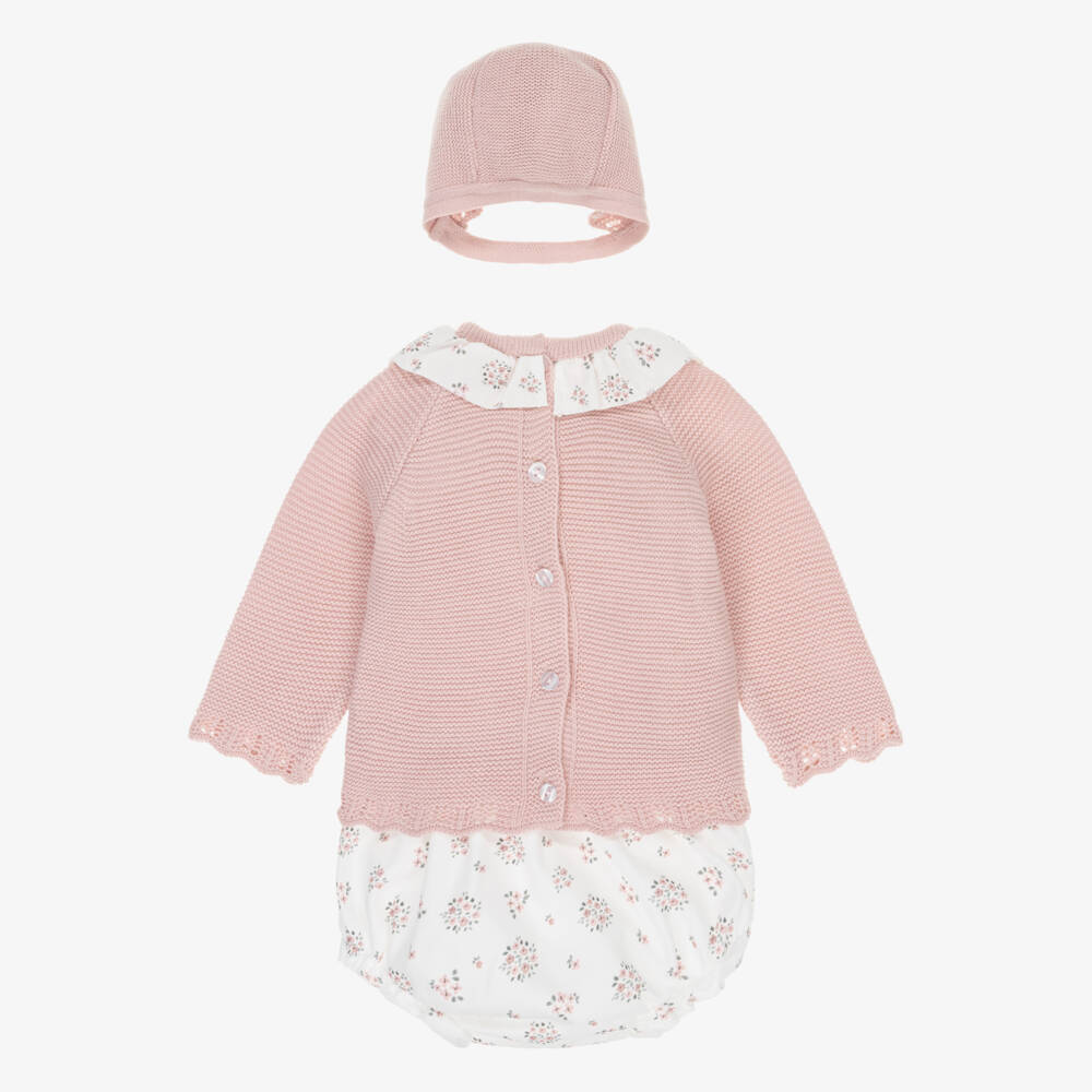 Babidu-Baby Girls Pink Knit & Floral Cotton Shorts Set | Childrensalon Outlet