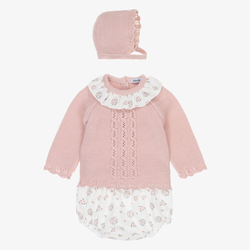 Babidu-Baby Girls Pink Knit & Floral Cotton Shorts Set | Childrensalon Outlet