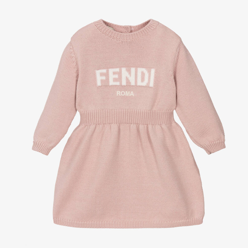 Fendi-Baby Girls Pink Knitted Wool Dress | Childrensalon Outlet