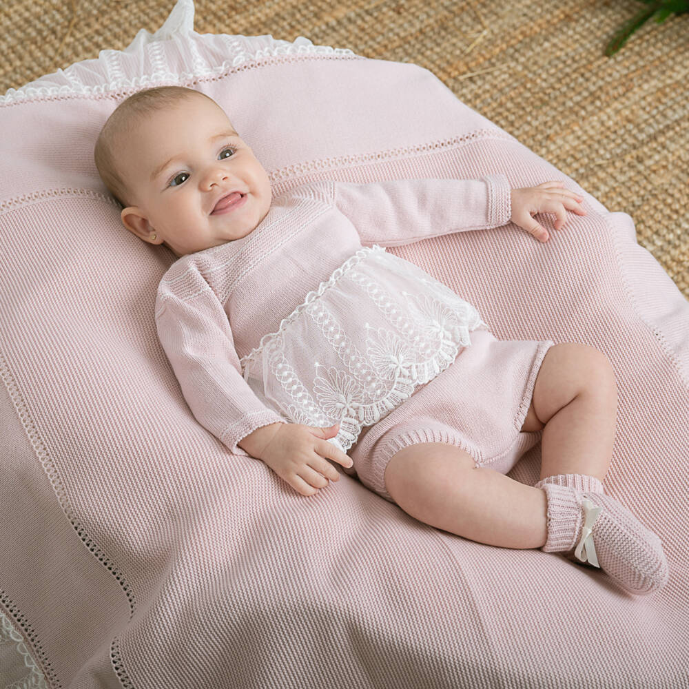 Artesanía Granlei-Baby Girls Pink Lace Trimmed Knitted Shorts Set | Childrensalon Outlet