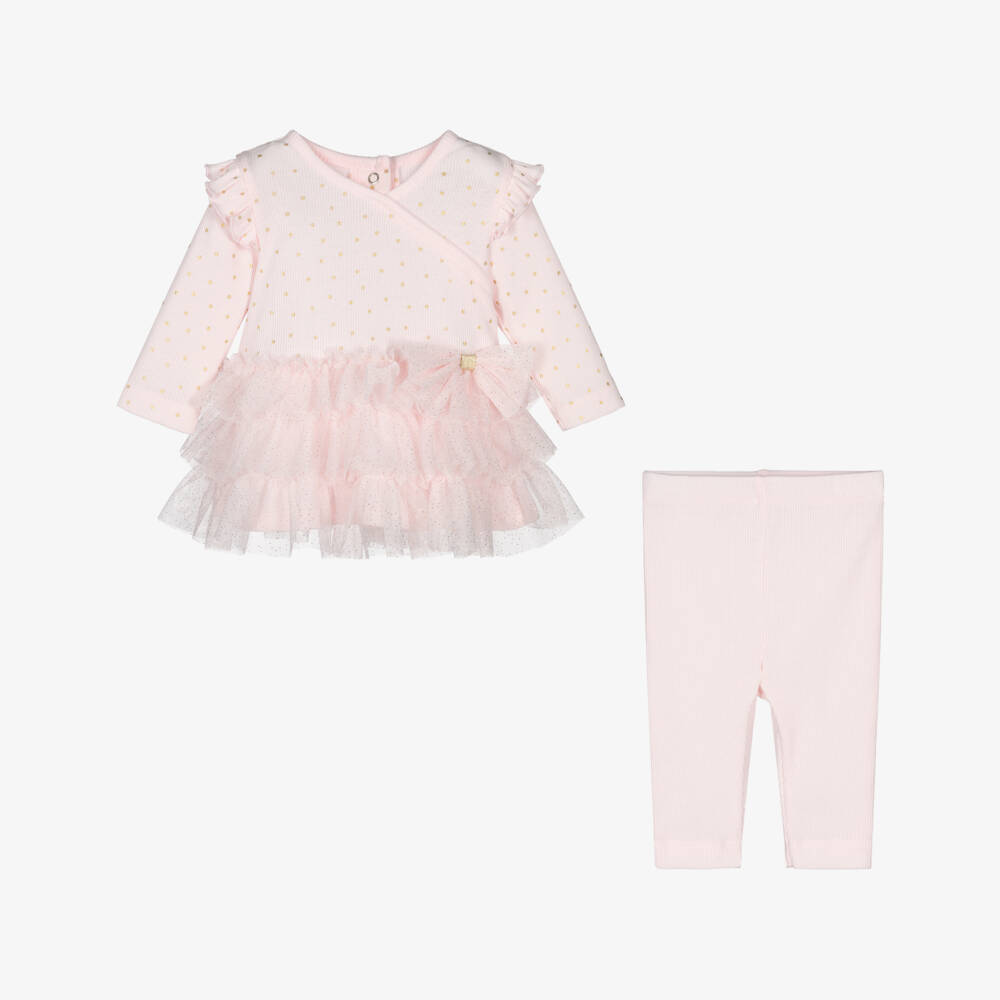 Little Me-Baby Girls Pink Ribbed Cotton & Tulle Dress Set | Childrensalon Outlet