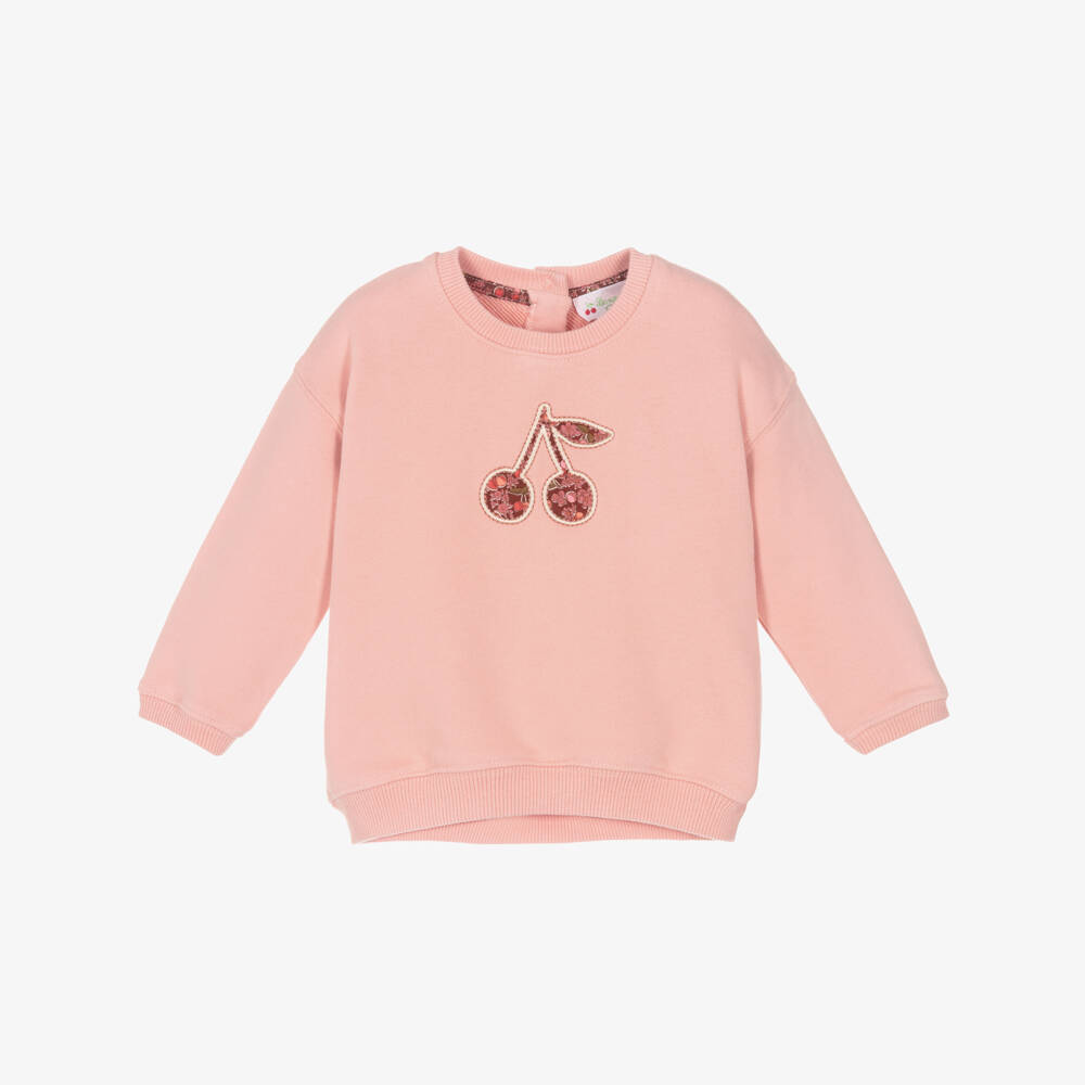 Bonpoint-Baby Girls Pink Sweatshirt with Liberty Fabric Logo Cherries | Childrensalon Outlet