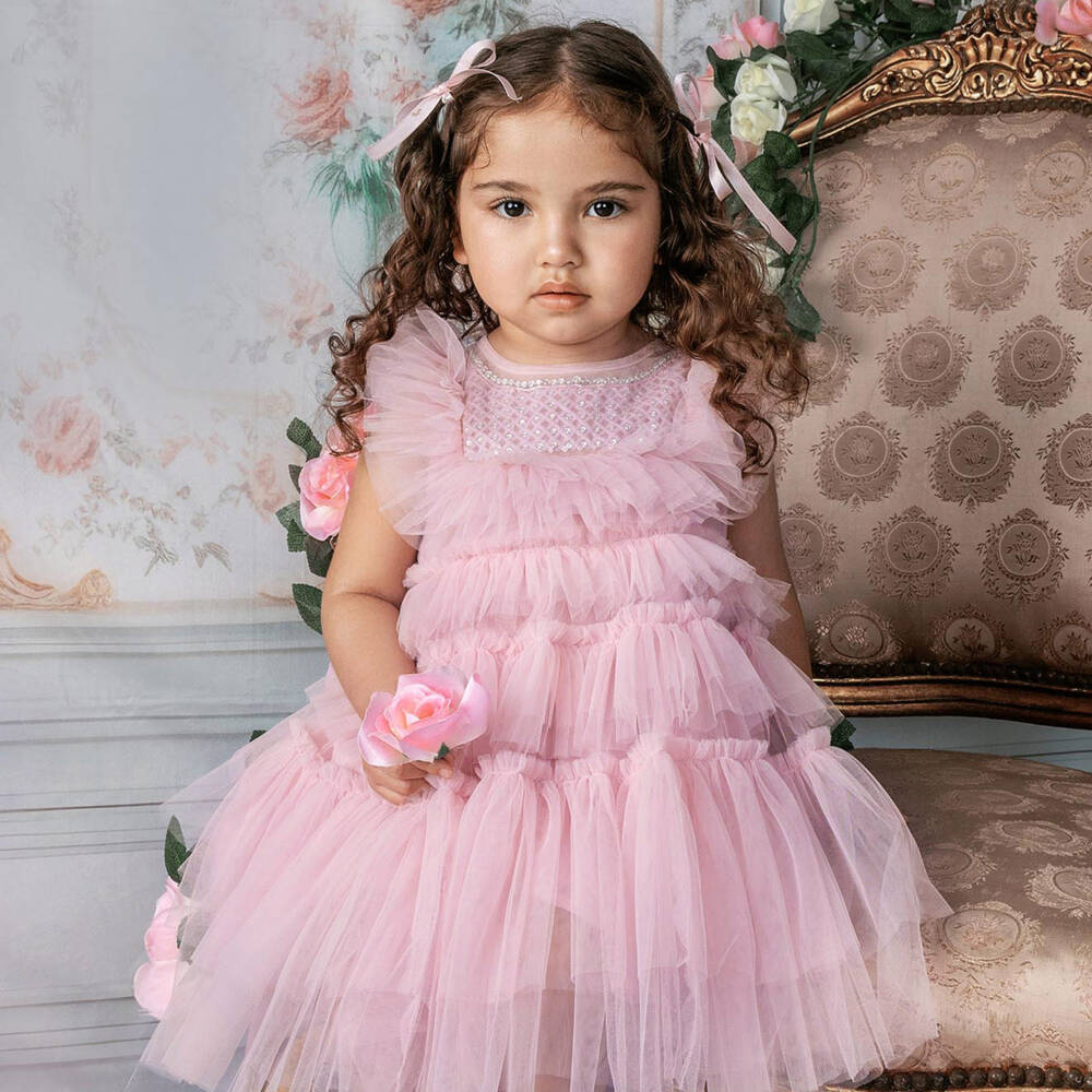 Tutu du Monde-Baby Girls Pink Tiered Tulle Dress with Sequinned Bodice | Childrensalon Outlet