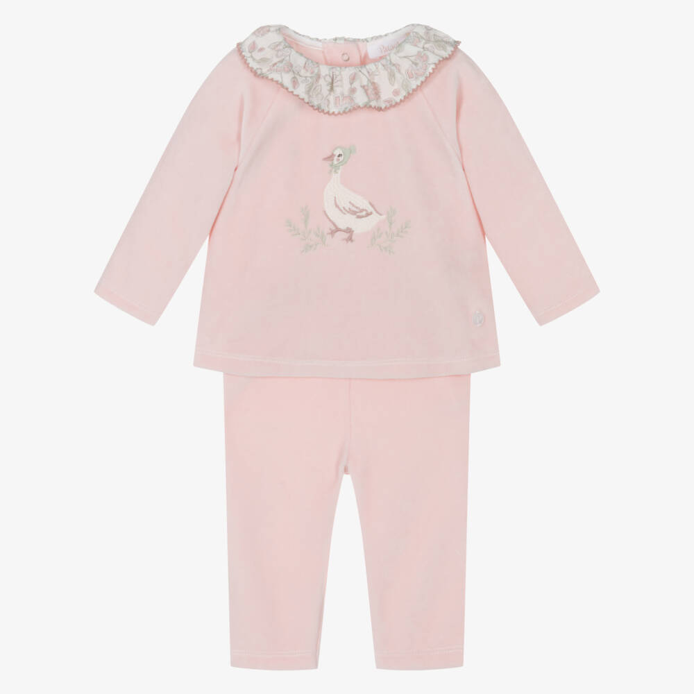 Patachou-Baby Girls Pink Velour Trouser Set with Duck Motif | Childrensalon Outlet