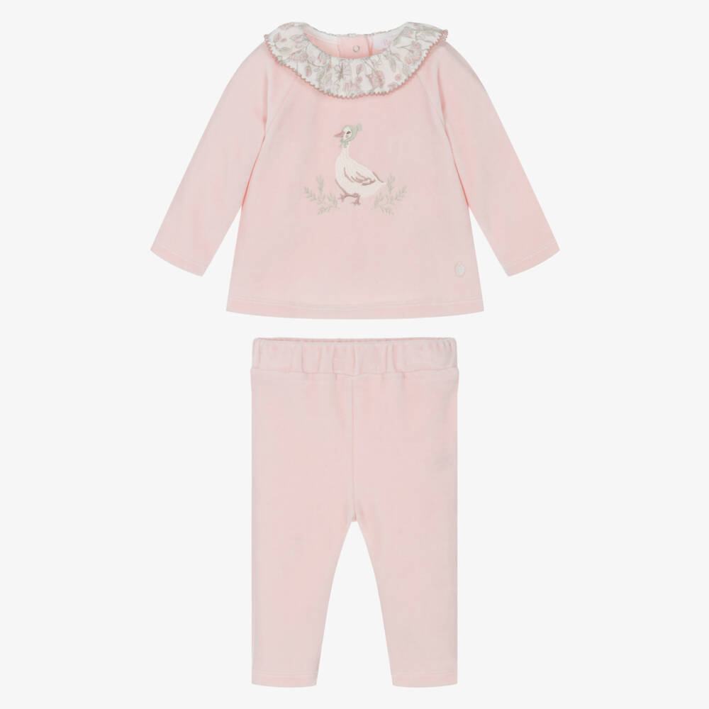 Patachou-Baby Girls Pink Velour Trouser Set with Duck Motif | Childrensalon Outlet