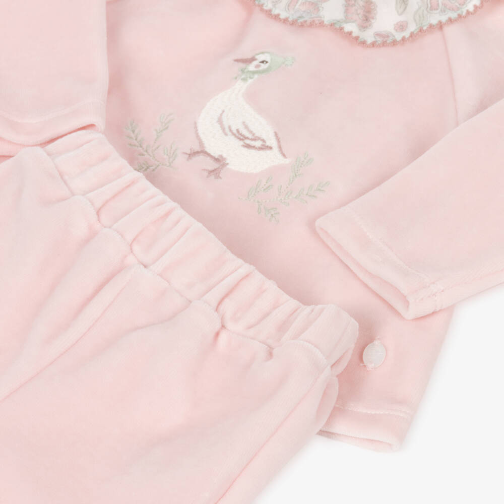 Patachou-Baby Girls Pink Velour Trouser Set with Duck Motif | Childrensalon Outlet