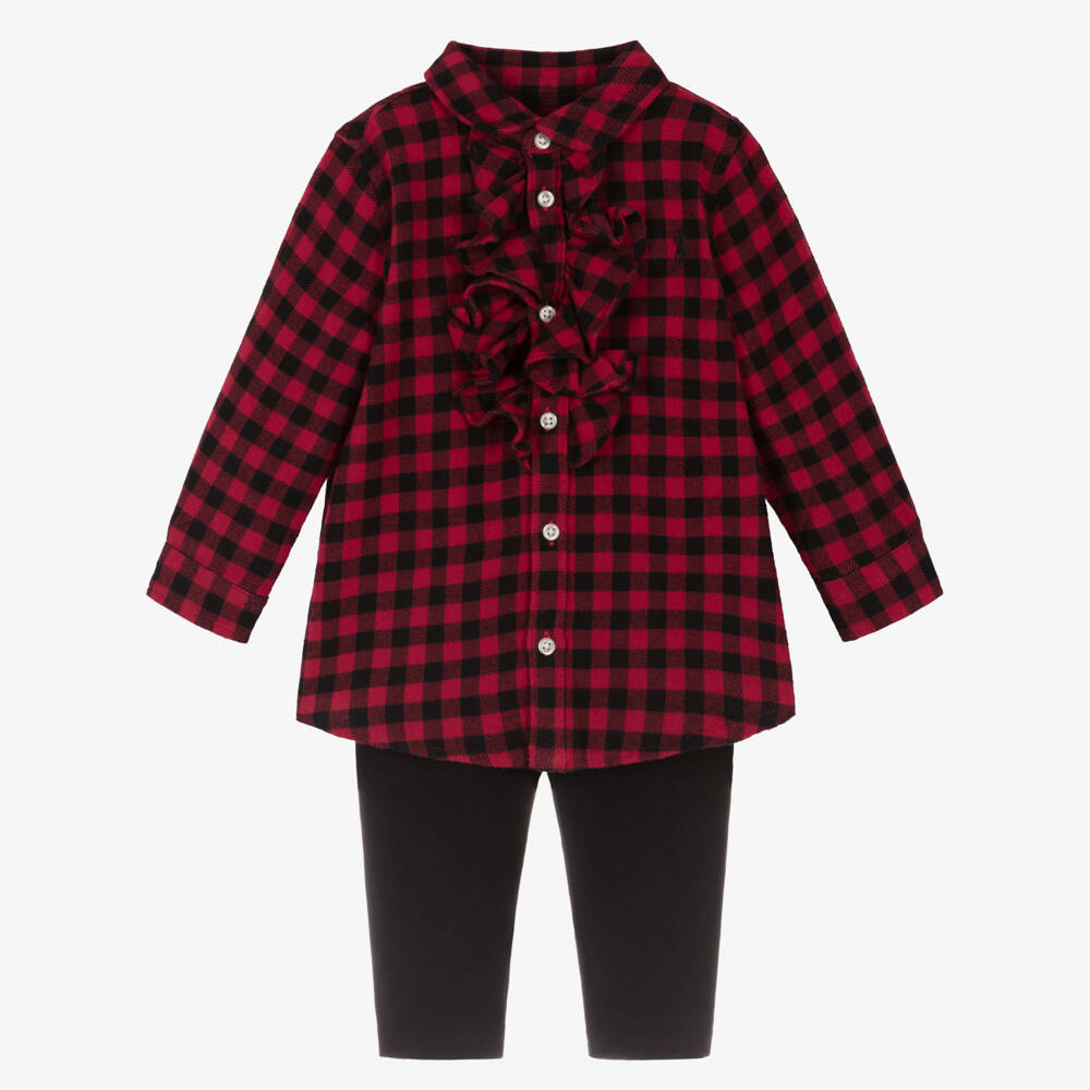 Ralph Lauren-Baby Girls Red Check Cotton Ruffle Top & Leggings Set | Childrensalon Outlet