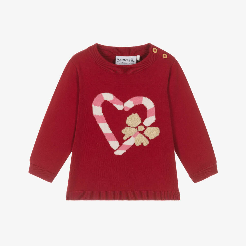 NAME IT-Baby Girls Red Festive Candy Cane Heart Sweater | Childrensalon Outlet