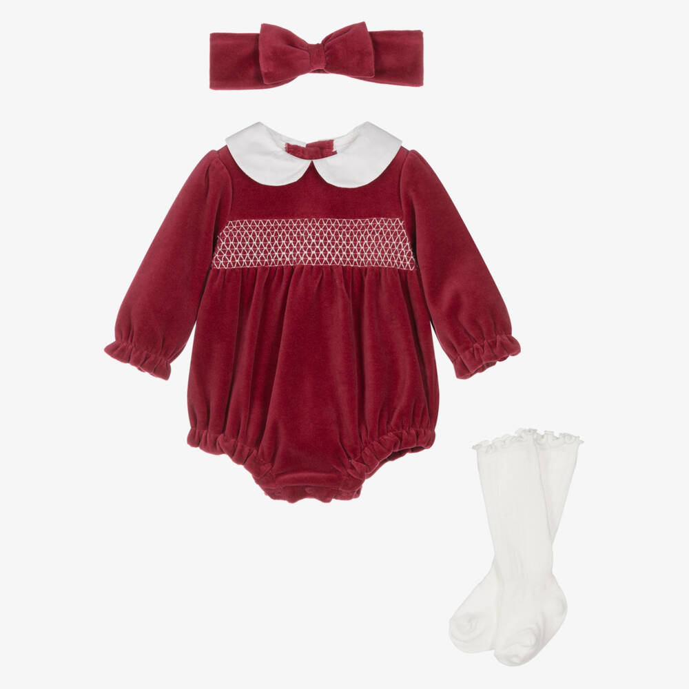 Little Me-Baby Girls Red Velour Smocked Shortie Set | Childrensalon Outlet
