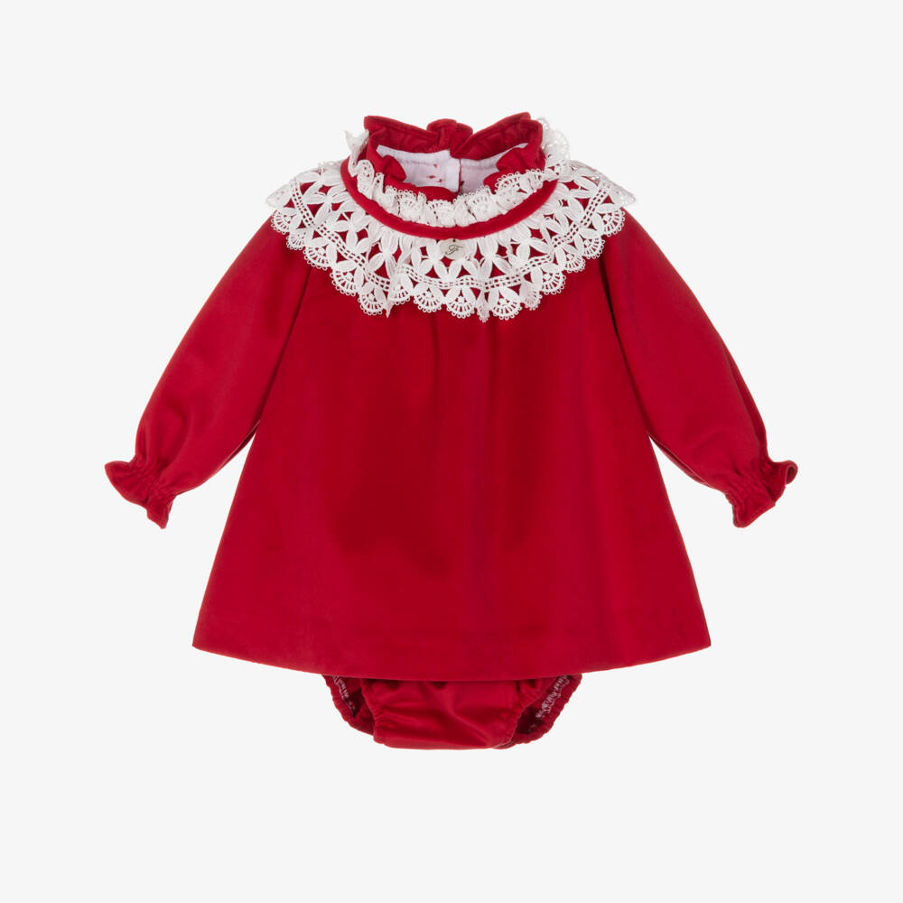 Foque-Baby Girls Red Velvet Dress with White Lace Collar | Childrensalon Outlet