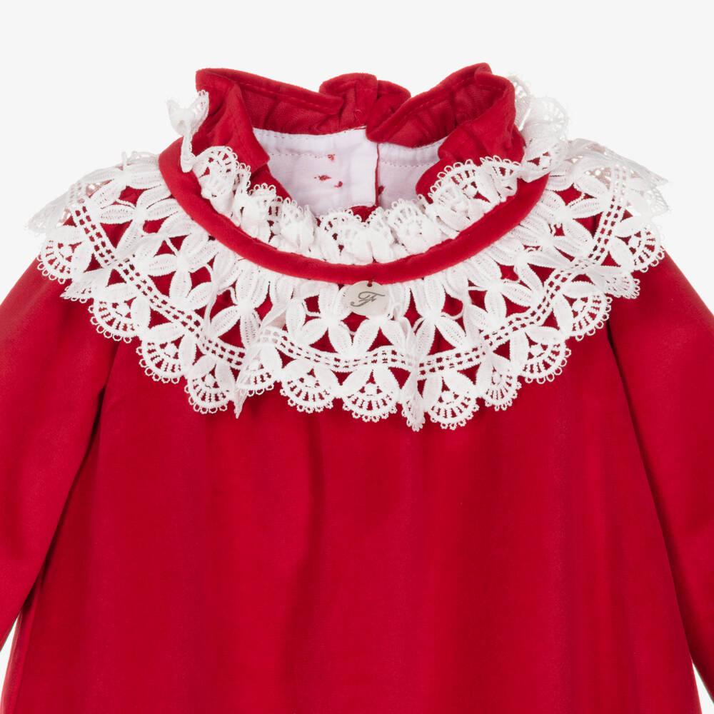 Foque-Baby Girls Red Velvet Dress with White Lace Collar | Childrensalon Outlet