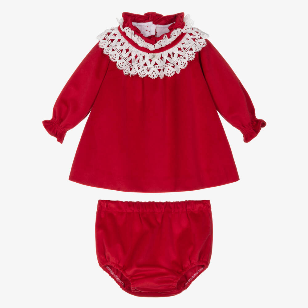Foque-Baby Girls Red Velvet Dress with White Lace Collar | Childrensalon Outlet