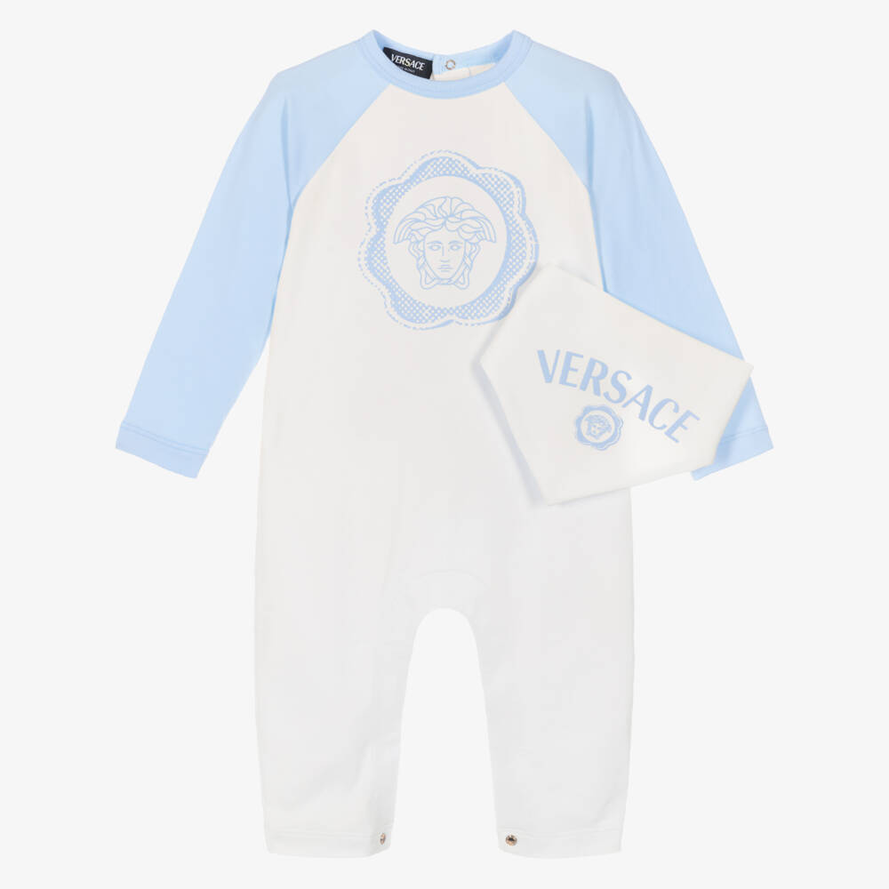 Versace-Baby Girls White & Blue Cotton Medusa Logo Babygrow Gift Set | Childrensalon Outlet