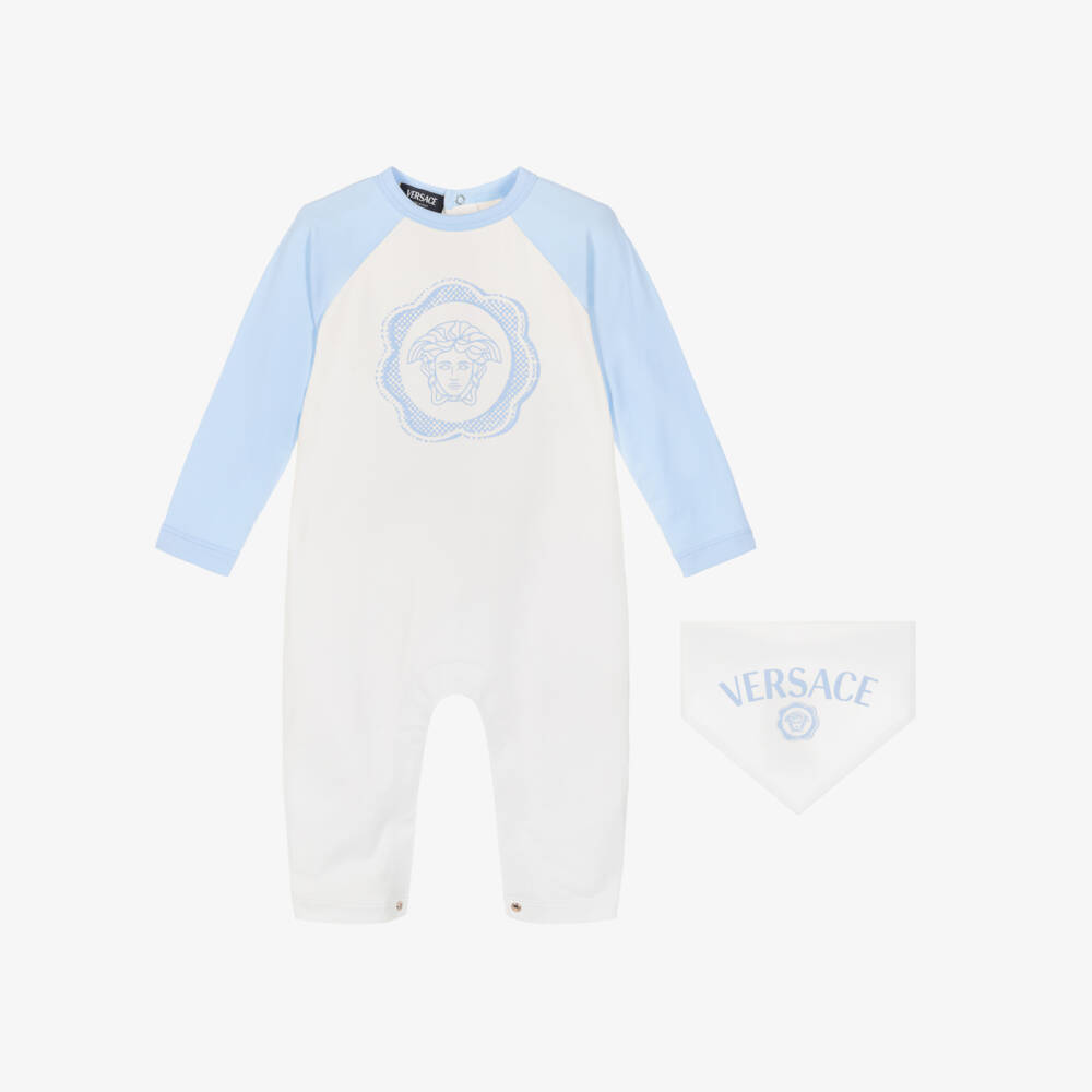 Versace-Baby Girls White & Blue Cotton Medusa Logo Babygrow Gift Set | Childrensalon Outlet