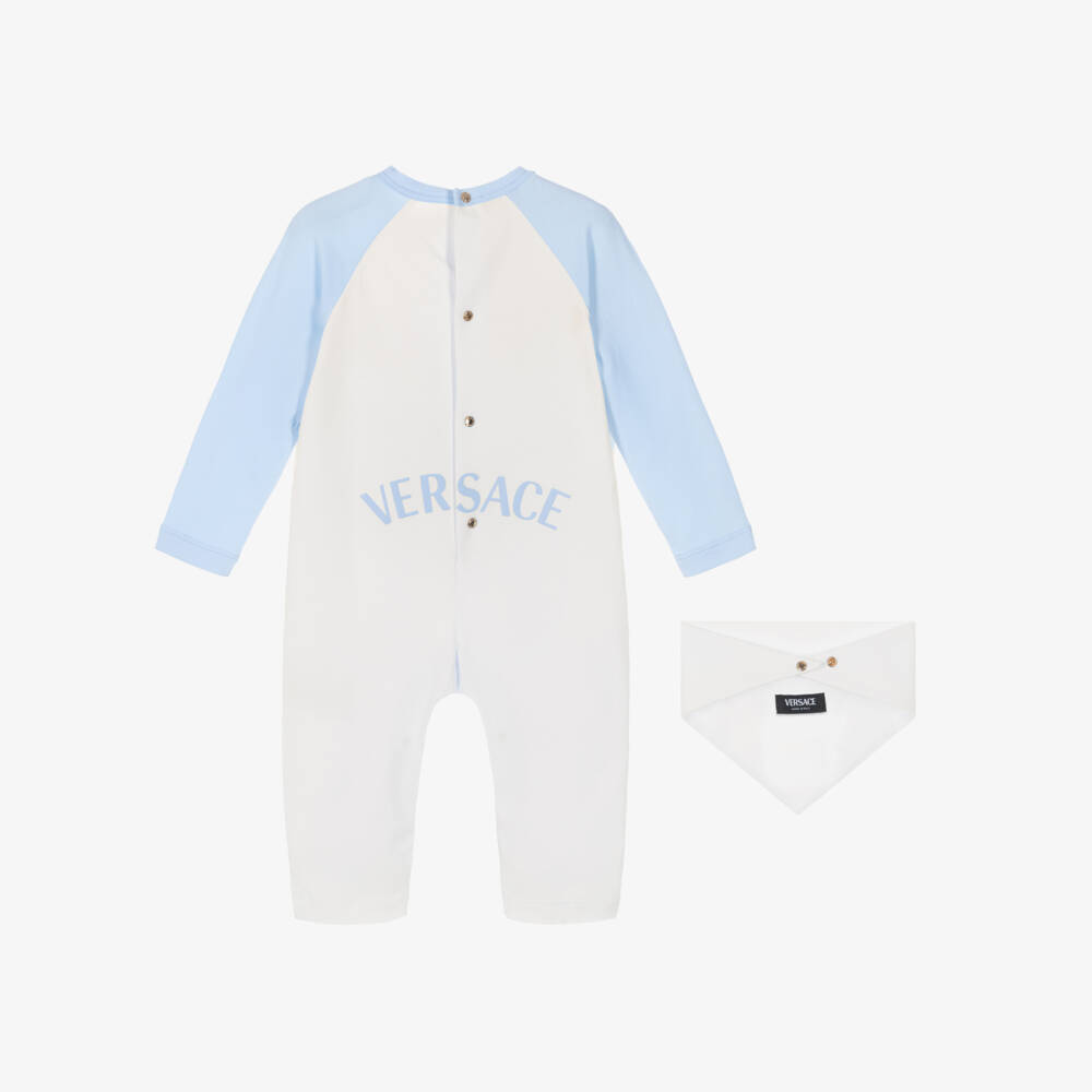 Versace-Baby Girls White & Blue Cotton Medusa Logo Babygrow Gift Set | Childrensalon Outlet