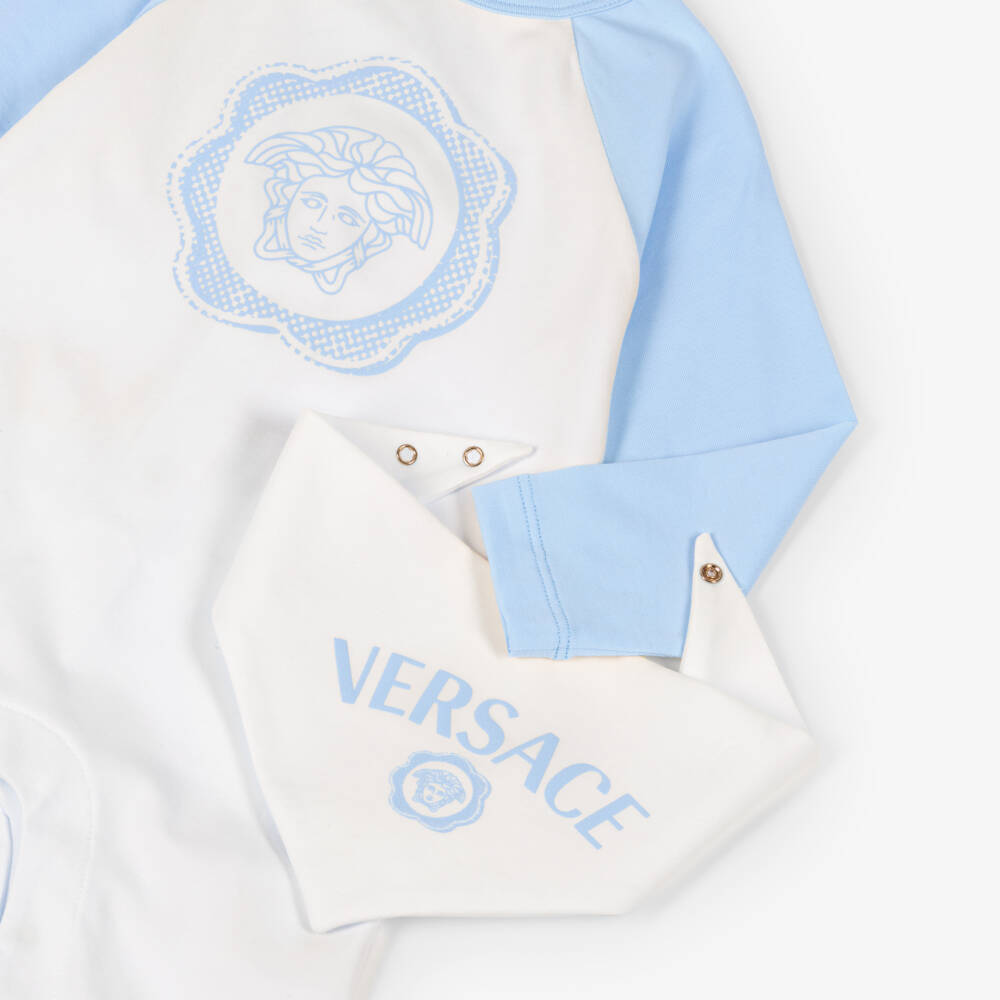 Versace-Baby Girls White & Blue Cotton Medusa Logo Babygrow Gift Set | Childrensalon Outlet