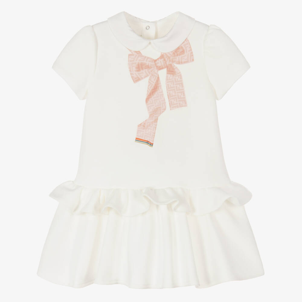 Fendi-Baby Girls White Cotton Bow Dress | Childrensalon Outlet