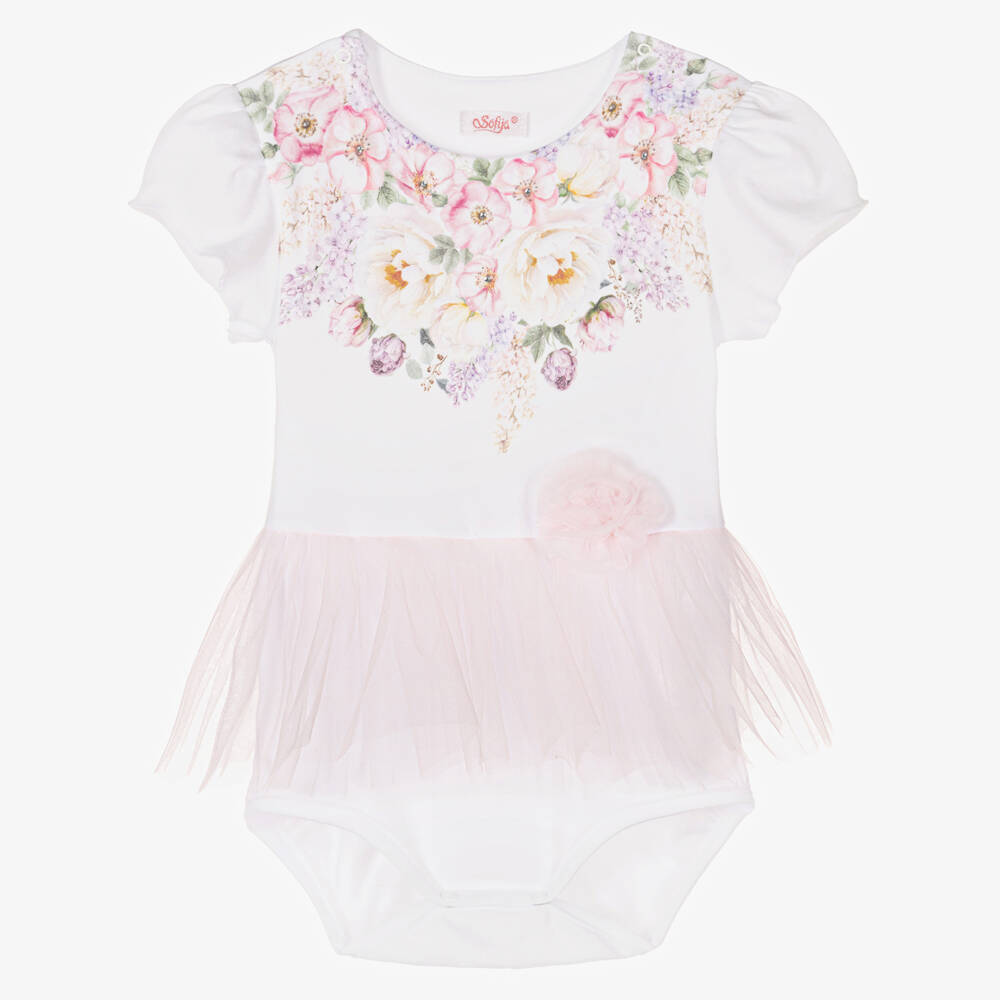Sofija-Baby Girls White Cotton Floral Bodysuit | Childrensalon Outlet