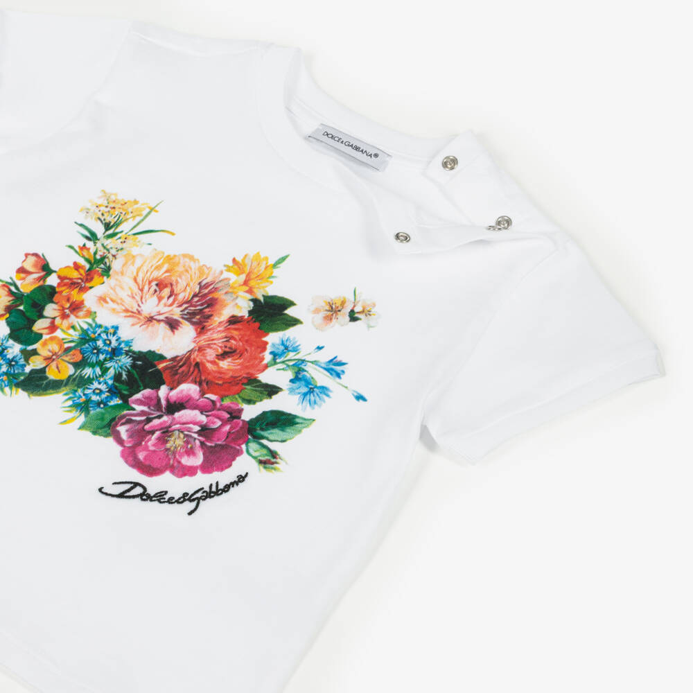 Dolce & Gabbana-Baby Girls White Cotton T-Shirt with Colourful Floral Print | Childrensalon Outlet