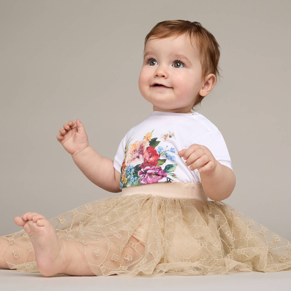 Dolce & Gabbana-Baby Girls White Cotton T-Shirt with Colourful Floral Print | Childrensalon Outlet
