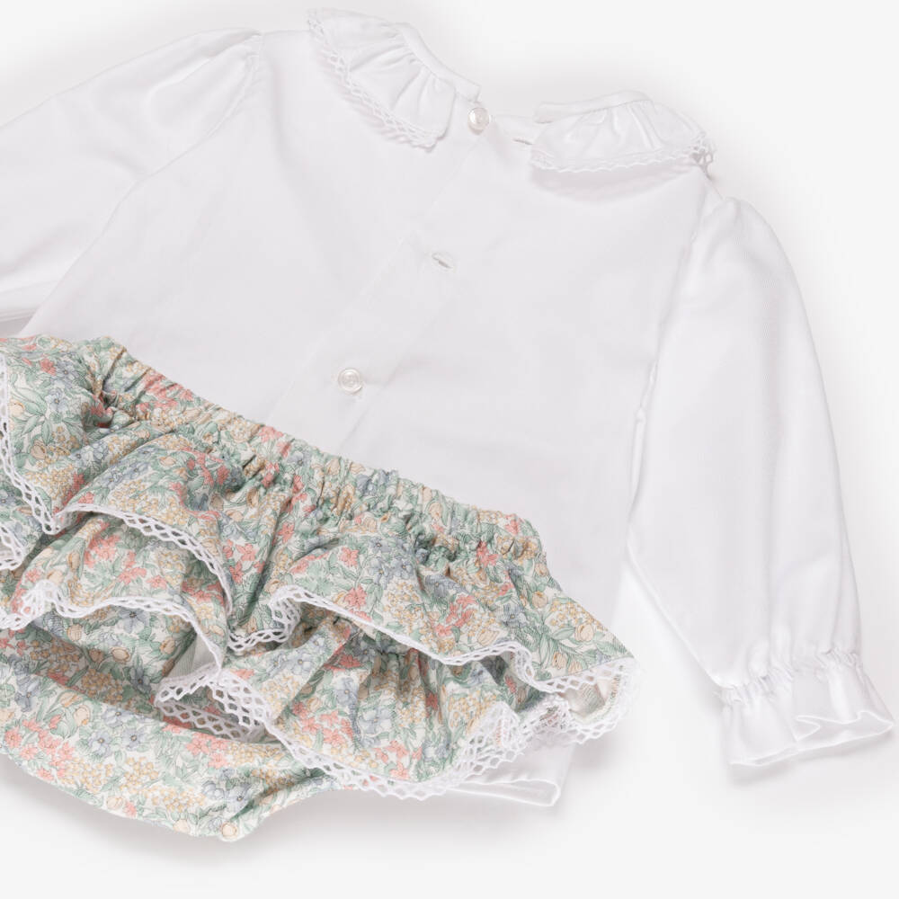 Miranda-Baby Girls White & Green Floral Cotton Shorts Set | Childrensalon Outlet