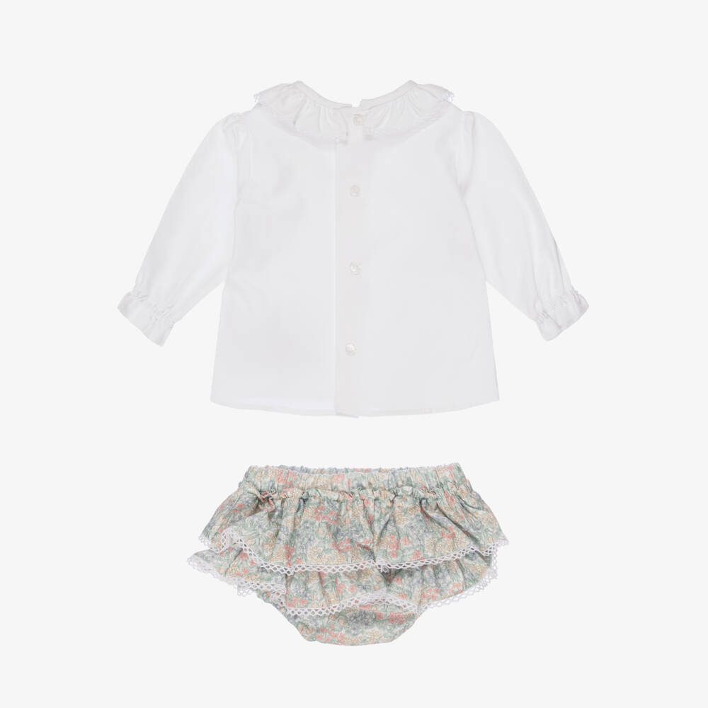 Miranda-Baby Girls White & Green Floral Cotton Shorts Set | Childrensalon Outlet
