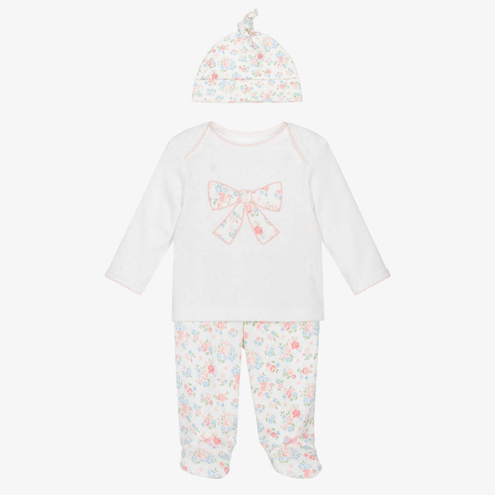 Little Me-Baby Girls White & Pink Cotton Floral Bow Babygrow Set | Childrensalon Outlet