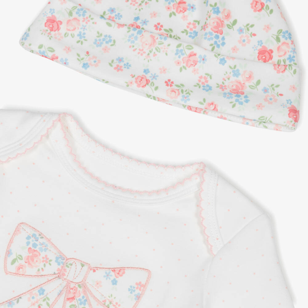 Little Me-Baby Girls White & Pink Cotton Floral Bow Babygrow Set | Childrensalon Outlet