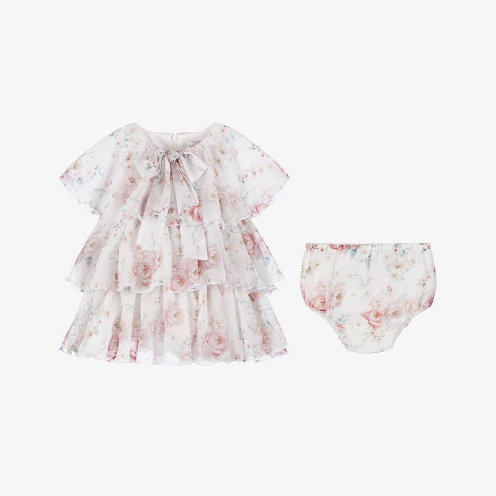 EIRENE-Baby Girls White & Pink Floral Chiffon Dress | Childrensalon Outlet