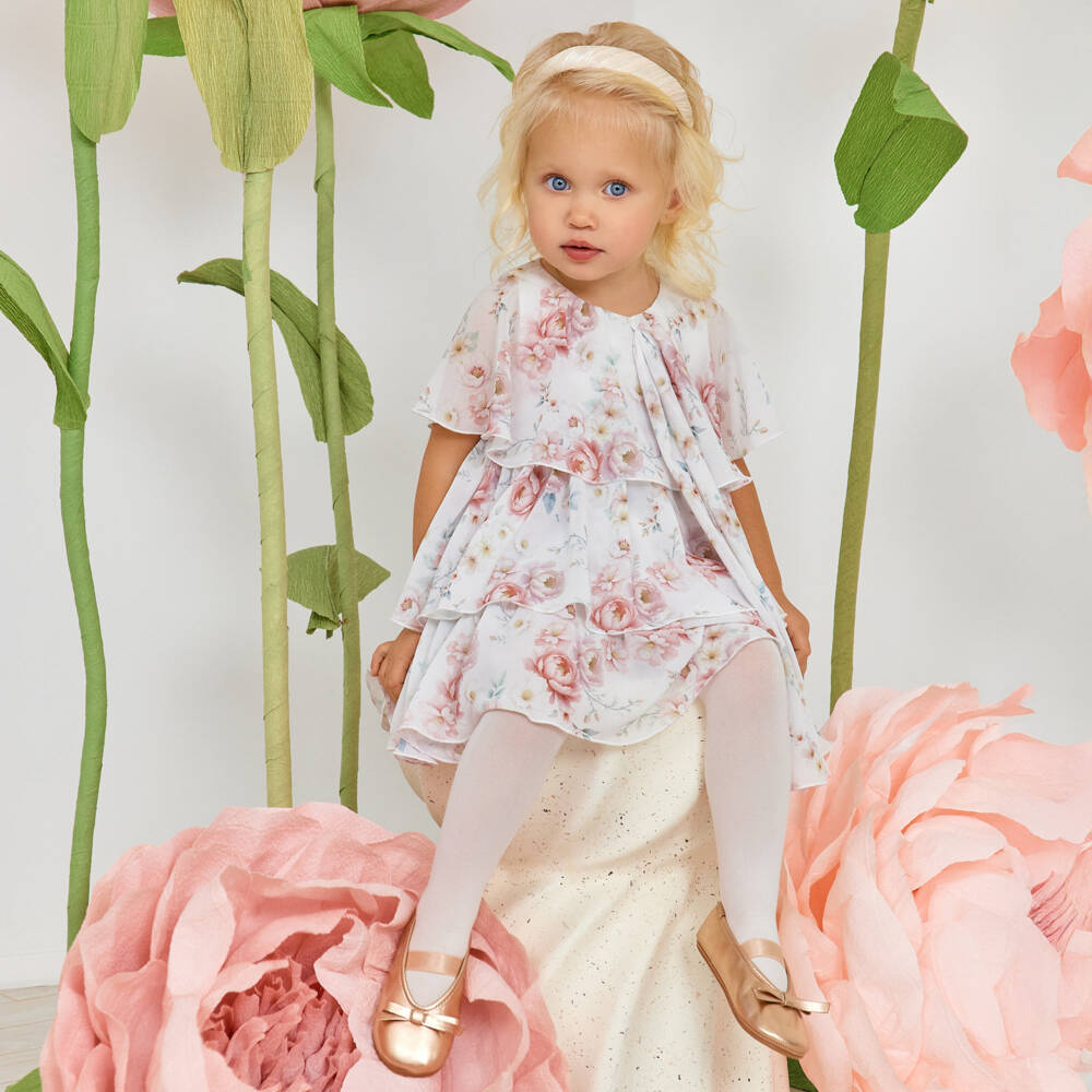 EIRENE-Baby Girls White & Pink Floral Chiffon Dress | Childrensalon Outlet