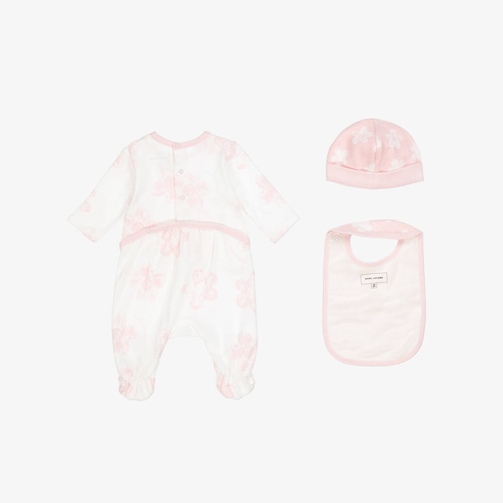 MARC JACOBS-Baby Girls White & Pink Floral Cotton Babysuit Set | Childrensalon Outlet
