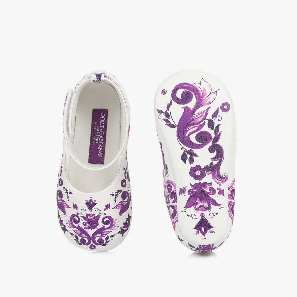 Dolce & Gabbana-Baby Girls White & Purple Majolica Leather Pre-Walker Pumps | Childrensalon Outlet