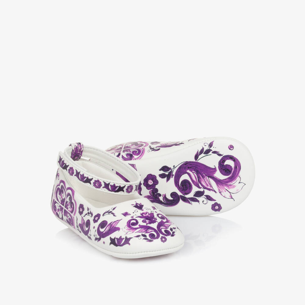 Dolce & Gabbana-Baby Girls White & Purple Majolica Leather Pre-Walker Pumps | Childrensalon Outlet