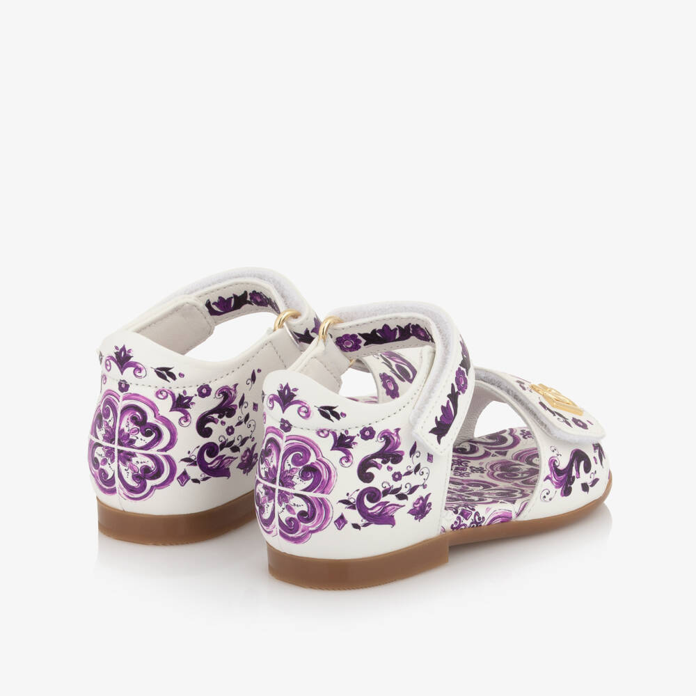 Dolce & Gabbana-Baby Girls White & Purple Majolica Print Leather Sandals | Childrensalon Outlet