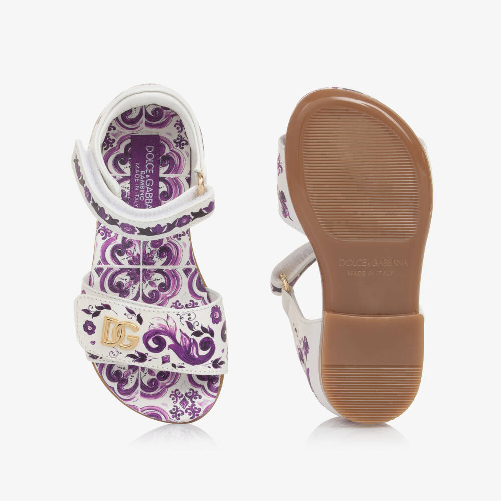 Dolce & Gabbana-Baby Girls White & Purple Majolica Print Leather Sandals | Childrensalon Outlet